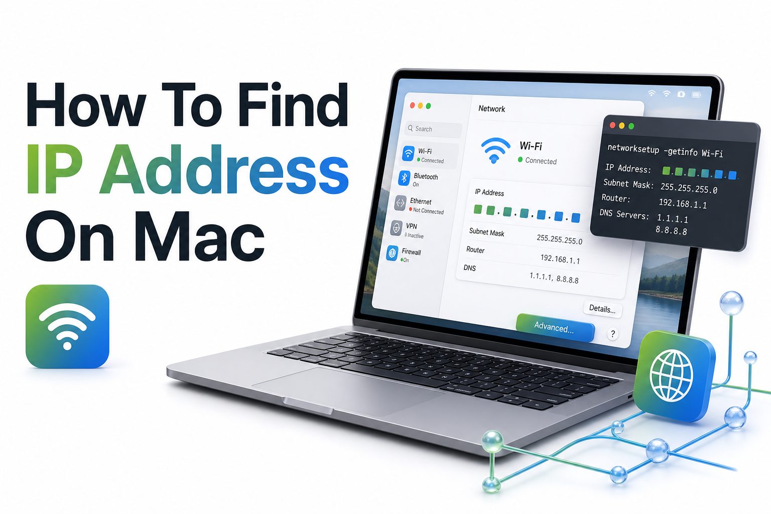 how-to-find-ip-address-on-mac-e1128 Mac Network settings screen showing where to find the IP address