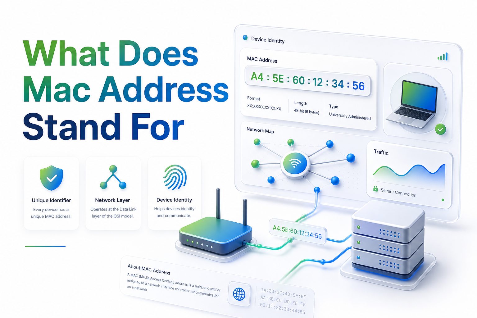 Network card label showing a MAC address used to identify a device on a local network
